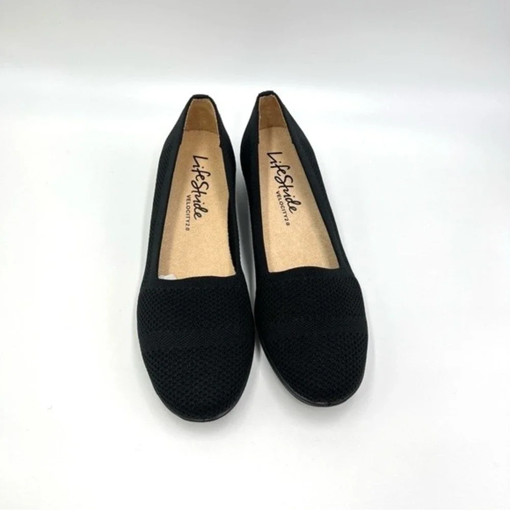NEW LifeStride Womens‎ Size 6.5 Immy Black Knit Slip On Low Wedges Loafers Shoes